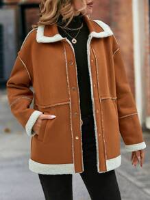 SHEIN LUNE 撞色滾邊落肩袖毛絨內襯仿麂皮外套 - 棕色 - 查看 6