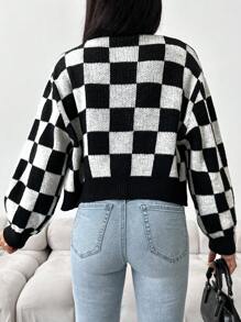 EURMUSE Checker Pattern Drop Shoulder Cardigan - Black and White - View 2