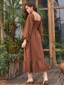 Bohemela Sweetheart Neck Lace Hem Dress - Brown - View 2