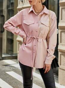 GENKIRA Flap Pocket Drop Shoulder Belted Coat Fall Cloth For Women - Pink - View 4
