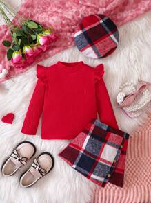女婴荷叶边 T 恤和格子印花不对称下摆裙子和帽子，适合圣诞节 - 紅色 - 查看 3