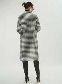SHEIN Essnce Gingham Print Double Breasted Coat - Black and White - View 2