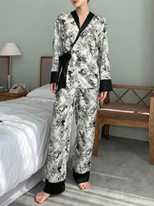 DAZY Floral Print Contrast Trim Knot Side PJ Set - Black and White - View 5