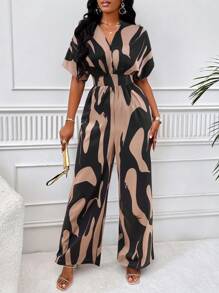 SOLERSUN Allover Print Batwing Sleeve Wide Leg Jumpsuit