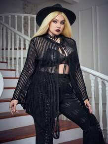 Flirla Plus Tie Front Open Knit Cardigan - Black - View 1