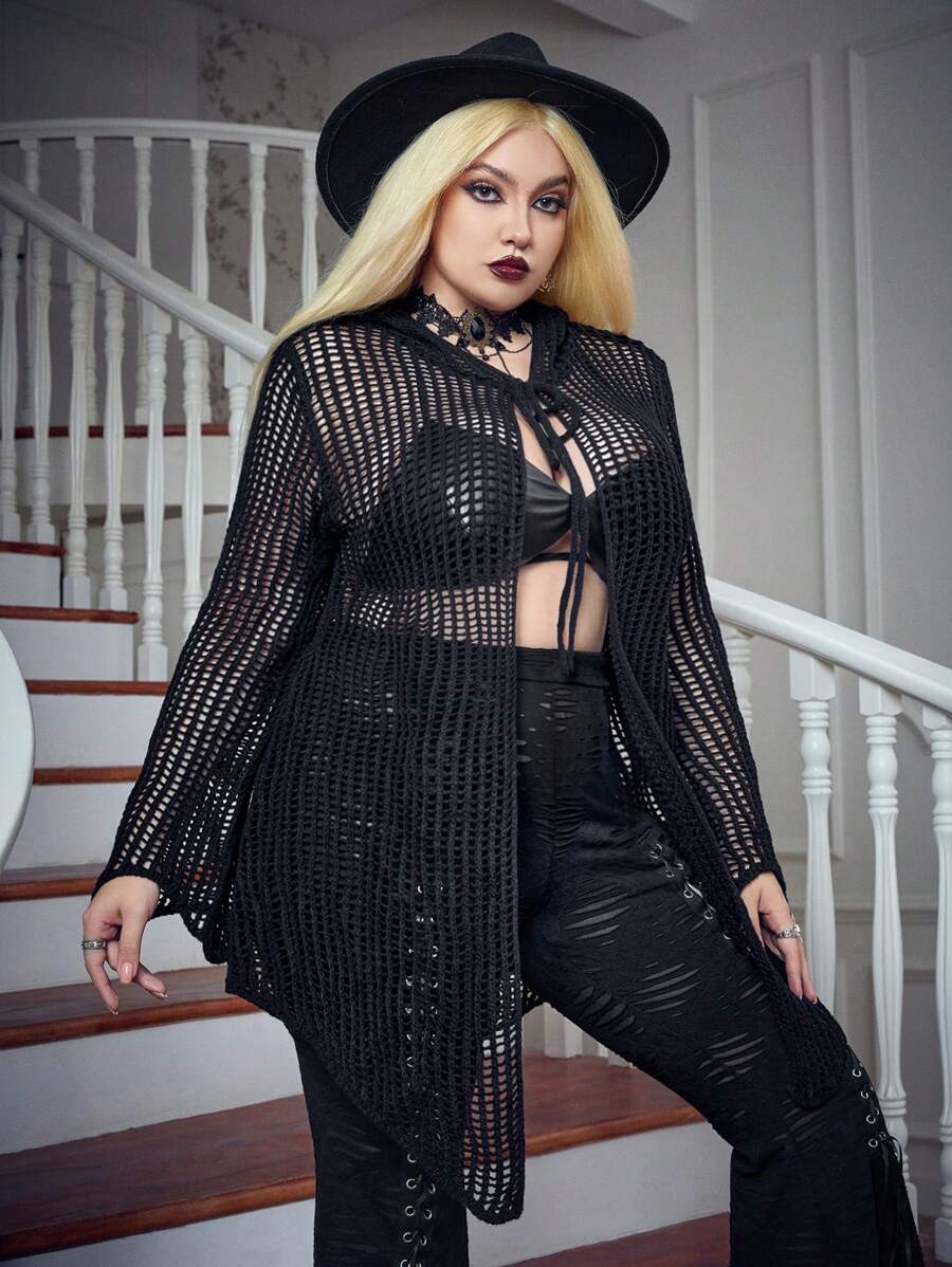 Flirla Plus Tie Front Open Knit Cardigan - Black - View 1