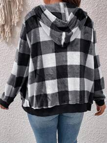 Plus Size Buffalo Plaid Print Zip Up Sweatshirt Graduation, Back To School, Graduation, Teacher For Women, Back To School Pullover Fall Sweatshirt - Black and White - View 2
