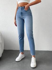 EURMUSE 100%Cotton High Waist Slant Pocket Casual Mom Fit Jeans - Light Wash - View 3