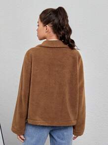 SHEIN Teen Girl Zip Up Teddy Jacket - Brown - View 2