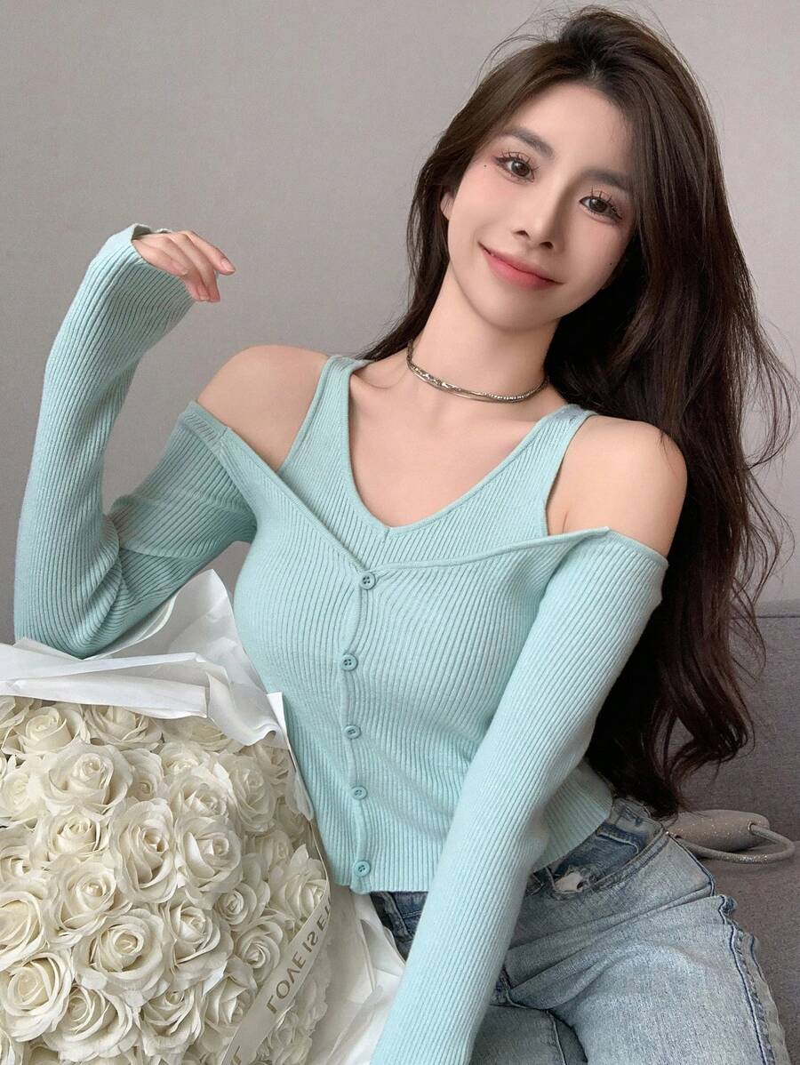 DAZY Cold Shoulder Ribbed Knit Sweater,Fall Clothes