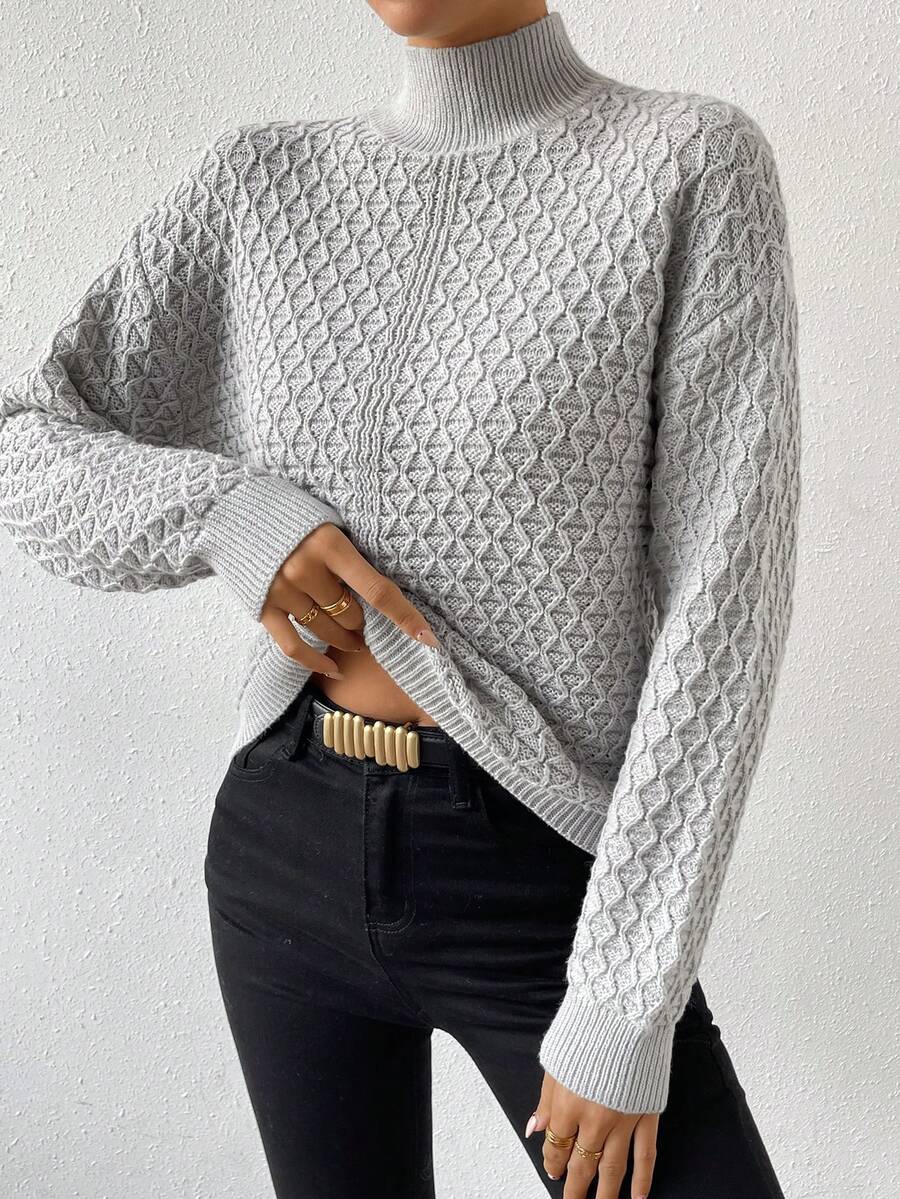 SHEIN LUNE 高領落肩袖套頭毛衣 - 灰色 - 查看 1