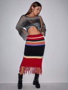 SHEIN Unity Vintage Striped Pattern Fringe Hem Contrast Color Sweater Skirt - Multicolor - View 4