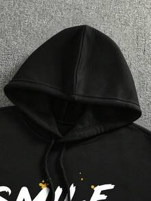 Men Cartoon & Slogan Graphic Drawstring Thermal Lined Hoodie - Black - View 4