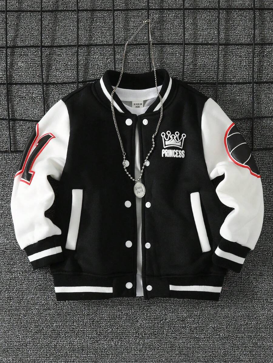 SHEIN Young Girl Letter Graphic Two Tone Varsity Jacket Without Tee - Black and White - View 1