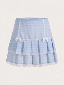 SHEIN Qutie Plaid Print Contrast Lace Bow Front Ruffle Hem Skirt - Blue - View 1
