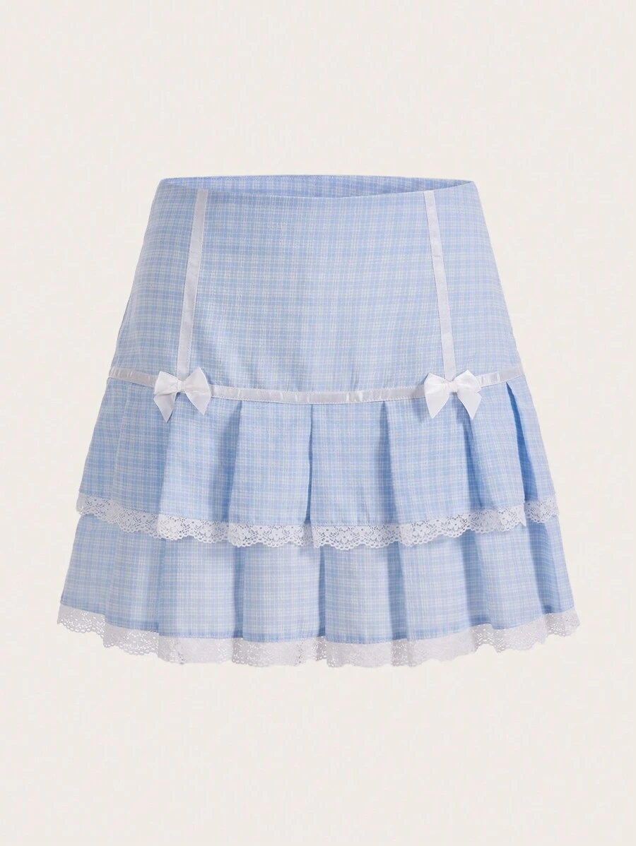 SHEIN Qutie Plaid Print Contrast Lace Bow Front Ruffle Hem Skirt - Blue - View 1