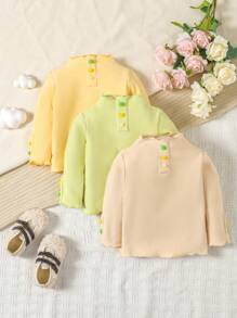 SHEIN Baby Girl 3pcs Lettuce Trim Mock Neck Half Button Tee - Multicolor - View 1