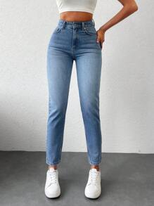 EURMUSE 100%Cotton High Waist Slant Pocket Casual Mom Fit Jeans - Light Wash - View 5