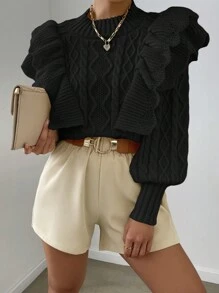 RosyDaze Ruffle Trim Cable Knit Ruffle Trim Lantern Sleeve Knit Pullover Fall Winter Sweater - Black - View 6