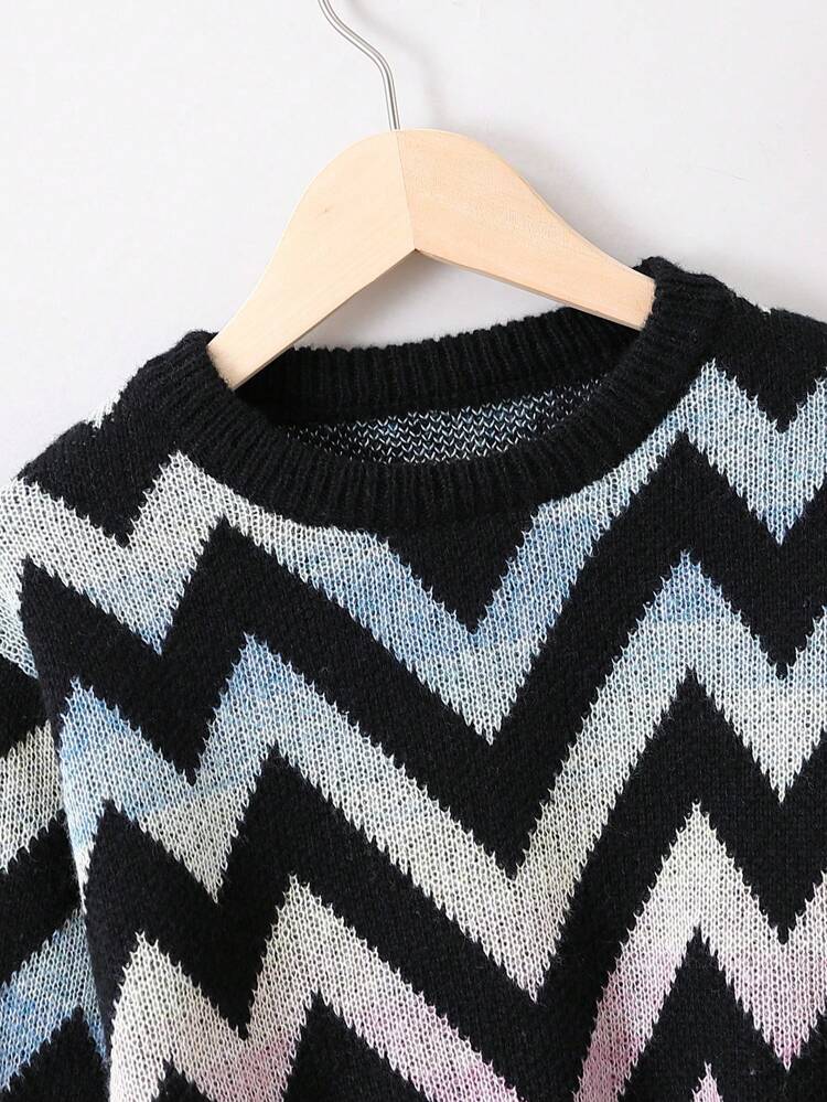 Tween Girl Chevron Pattern Lantern Sleeve Crop Sweater