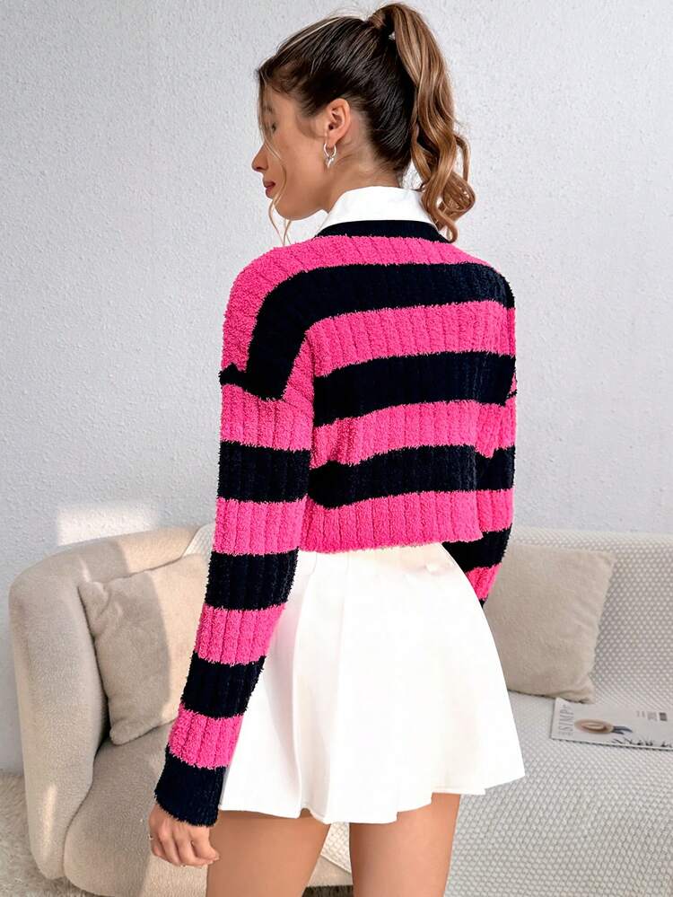 Two Tone Drop Shoulder Crop Knit Pullover Fall Winter Sweater