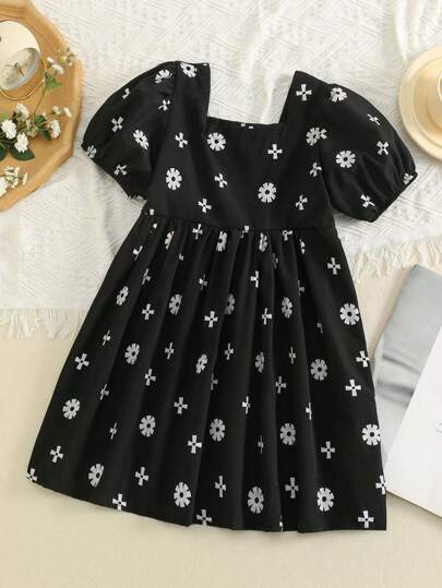 年輕女孩1入組雙用途短袖方領裙，夏季淑女花卉印花設計