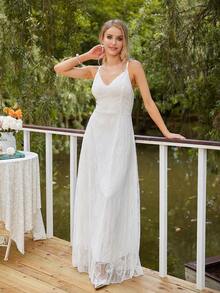 Solid Lace Cami Wedding Dress - White - View 3