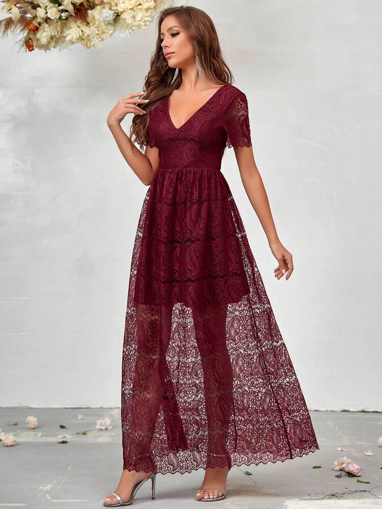 V Neck Lace Bridesmaid Dress