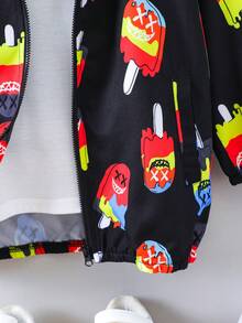 Young Boy Cartoon Graphic Zip Up Hooded Coat Without Tee - Black - View 7