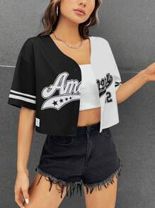 SHEIN EZwear 字母圖案雙色落肩袖短款襯衫 - 黑與白 - 查看 3