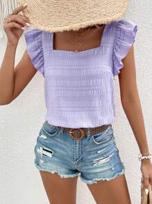 SHEIN VCAY Women's Vacation Casual Solid Color Textured Cap Sleeve Blouse - Lilac Purple - View 3