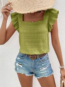 SHEIN VCAY 方領荷葉邊襯衫 - 橄欖綠 - 查看 5