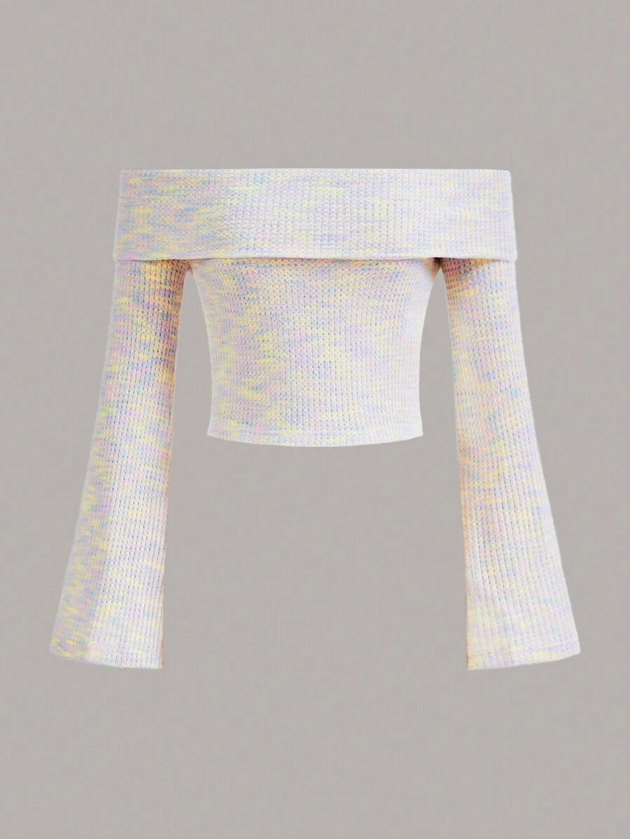 SHEIN Qutie 一字肩喇叭袖折邊華夫格編織T恤 - 彩色 - 查看 1