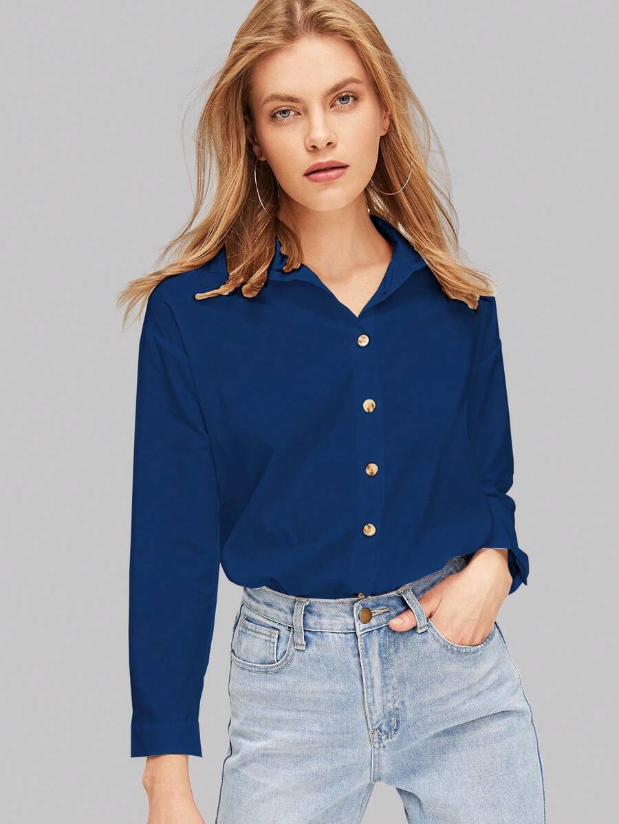 SHEIN LUNE 素色前紐扣襯衫 - 寶藍色 - 查看 1