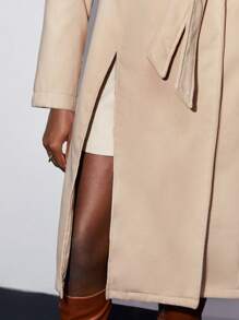 BizChic Lapel Neck Belted Split Thigh Overcoat