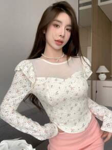 DAZY 碎花网眼褶皱饰边弧形下摆长袖女式上衣