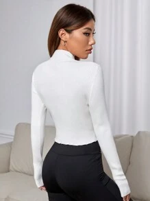 SHEIN EZwear Mock Neck Asymmetrical Hem Crop Sweater - White - View 2