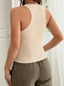 SHEIN EZwear Half Button Tank Top - Beige - View 2