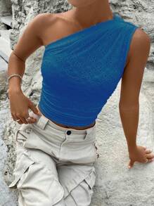 SHEIN Privé One Shoulder Ruched Crop Top - Blue - View 1