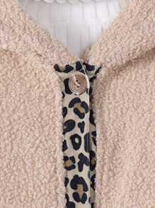 SHEIN Tween Girl Leopard Pattern Dual Pocket Hooded Teddy Coat Without Sweater - Beige - View 5