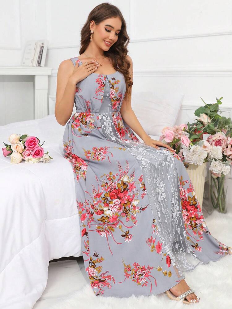 Floral Print Mesh Insert Dress