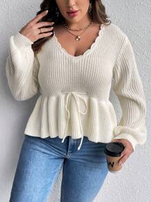 SHEIN Clasi Hơn Cắt vỏ sò Tay áo lồng đèn Nút phía trước Xoay eo Áo len - trắng - Xem 3