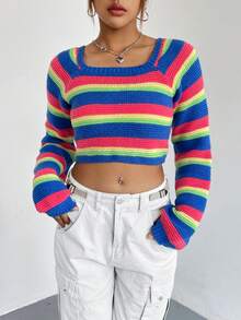 SHEIN Unity Mô hình sọc cầu vồng Tay Raglan Áo len Crop - Nhiều màu - Xem 4