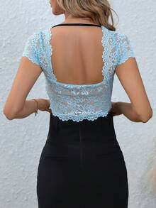 SHEIN Unity Floral Lace Crop Top - Baby Blue - View 2