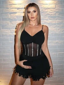 SHEIN SXY 網紗拼接吊帶連體衣 - 黑色 - 查看 3