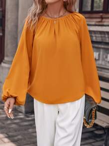 SHEIN Clasi Solid Lantern Sleeve Belted Blouse - Yellow - View 2