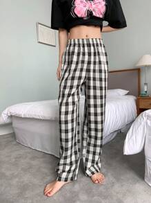 DAZY Bow Print Drop Shoulder Tee & Plaid Pants Lounge Set Pajama
