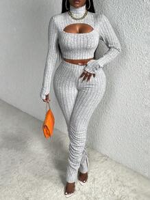 Slaydiva Bộ đồ mặc nhà thường ngày dành cho nữ 2 món - Áo crop top dài tay cổ cao có lỗ xỏ ngón cái & Quần jogger ôm vừa vặn có gấu xẻ, màu xám có gân chải - Xám - Xem 5
