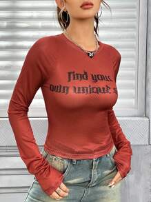 SHEIN EZwear Đồ họa Khẩu hiệu Lưới Áo Không có áo ngực - Đỏ - Xem 1