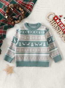 SHEIN Baby Boy Christmas Elk & Geo Pattern Sweater - Green - View 1